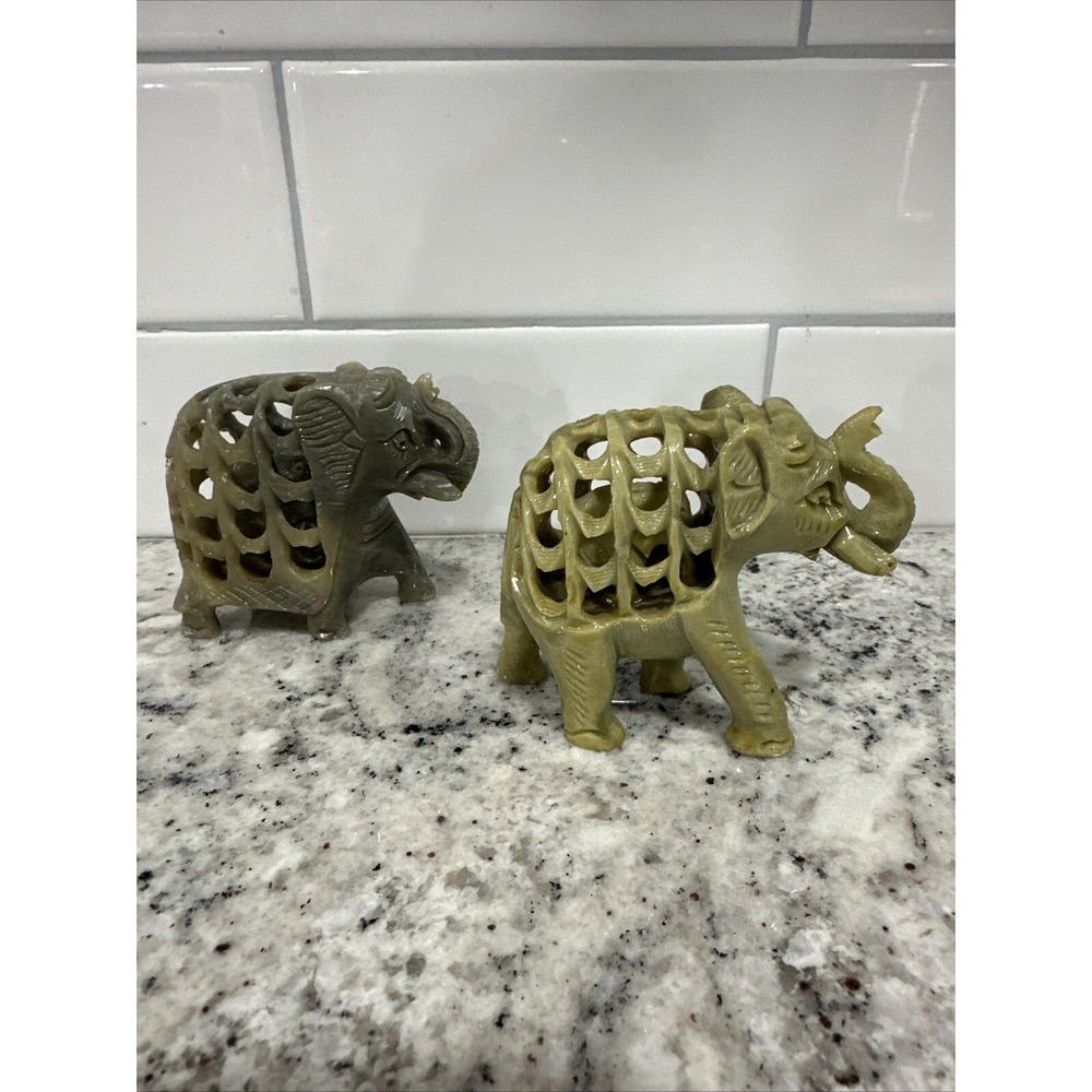 Hand Carved Stone Elephant, Baby‎ Inside, Green Figurine Made in India Set Of 2